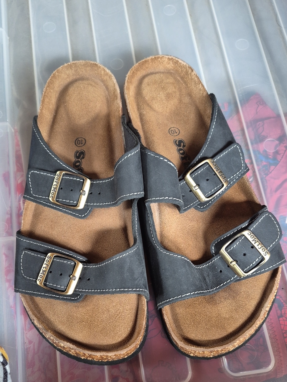 Women's softmoc leather two strap sandals.